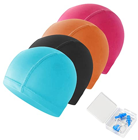 TSHAOUN 4 Stück Unisex Badekappe Wasserdicht, Komfort und Elastisch Schwimmkappe Mit Ohrclip und Nasenklemme,Stoff Bademütze Weiche Badehaube Schwimmhaube Schwimmkappe Swim Cap (4 Stück)
