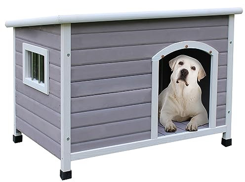 Hundehütte Outdoor, wasserdichtes Hundehaus für kleine und mittelgroße Hunde, Hundehütte aus Holz mit erhöhtem Boden und herausnehmbarem Fenster - Grau S