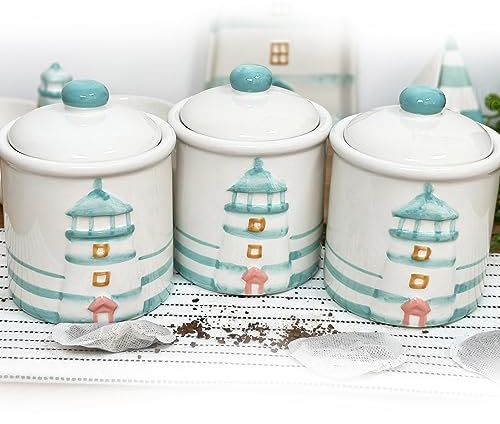 Darthome Lighthouse Kitchen Canisters Set Of 3 Glazed Ceramic Seaside Lidded Storage Jars