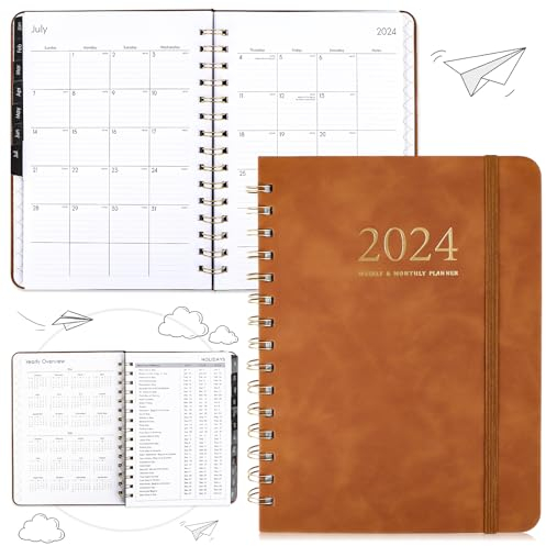 Möteskalender 2024, softcover dagbok, kalender 2024, bokkalender A5, minimalistisk planerare 2024, som ringbok, veckoplanerare, möteskalender med PU-läder, 12 månaders veckoplanerare, brun