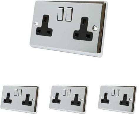 AET CPC2GSOCBC 13 A 2-Gang Polished Chrome Classical Double Plug Socket with Black Insert Metal Rocker Switches (Pack of 4)