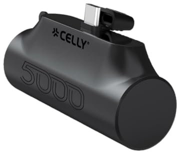 Celly, Powerbank Compatto con Connettore USB-C Integrato e Capacità di 5000mAh, Ricarica Rapida, Caricatore Portatile Universale per Smartphone, Colore Nero