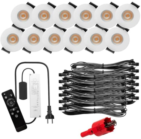 S-Polytec PREMIUM Mini LED- Einbauspots Warmweiss 3.000K, DIMMBAR, IP65, FUNK 3W Einbaustrahler Terrassenüberdachung, Bad, Sauna mit Fernbedienung (WEISS, 12x LED-SET)