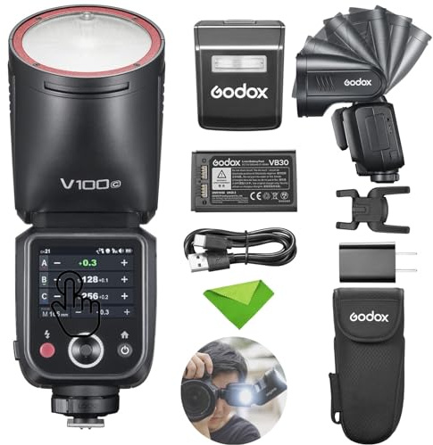 Godox V100C V100-C 100Ws TTL Flash per fotocamere Canon, 400 flash a piena potenza, tempo di riciclo 1,7s, wireless 2,4G con flash esterno, per fotocamere Canon EOS (Godox V100C)