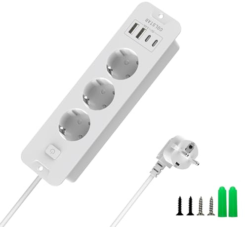 Osynligt integrerat inbyggt uttag med 3 fack, 2 USB-C + 2 USB-A, 16 A, 2 m kabel, energibesparande brytare – bordsskiva infällbar grenuttag för städade arbetsplatser (vit)
