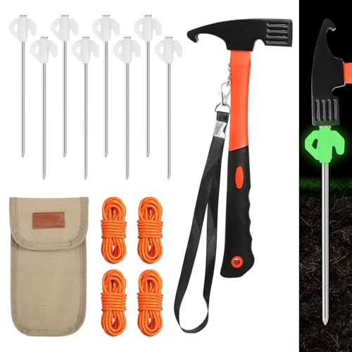 Picchetti per tenda, 8 pezzi, con martello da campeggio multifunzione e 4 pezzi, 4 m, riflettenti, corde di tensionamento e picchetti, borsa per campeggio, attività all'aperto