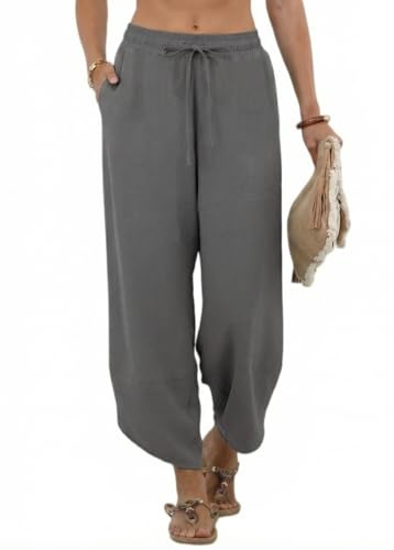PrinStory Pantalones de verano para mujer, cintura elástica, pantalones anchos de cintura alta, pantalones palazzo con bolsillos, gris, L