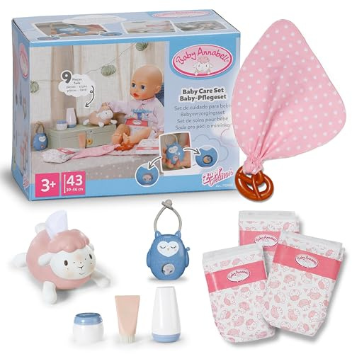 Baby Annabell Baby Care Set - 7-piece doll accessories set - Incl. nappies, tissue dispenser, pretend cream & bottles, teething toy & owl game - For 36cm & 43cm dolls - Suitable for children aged 3+