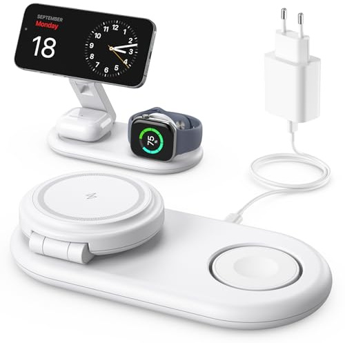 Tragbare 3 IN 1 Ladestation kompatibel mit Apple Watch und iPhone, Mag-Safe Ladegerät für iPhone 17 16 15 14 13 12 Serie, Mag-Safe Ladestation für Apple Watch, AirPods Pro Serie (Weiß)