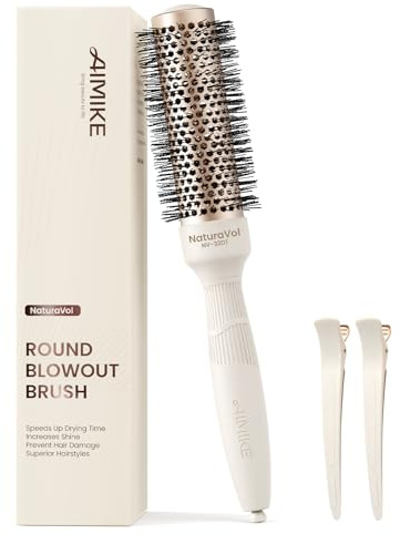 AIMIKE NaturaVol Round Brush for Blow Out, Small Round Hair Brush for Short Hair, Nano Thermal Ceramic Tech Hairbrush for Blow Drying & Curling, with 2 Clips (1.3 Inch Barrel, 2.1 Inch Bristle)