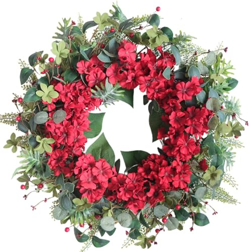 idyllic 24 Inch All Seasons Wreath for Front Door - Red Geranium and Kalanchoe Artificial Floral Wreath with Flocked Eucalyptus Leaves and Red Berries - Spring Summer Winter Door Decor