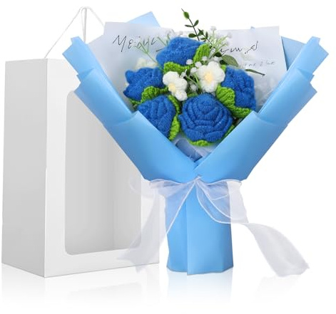 Foyucool Ramo de Flores de Ganchillo, Ramo Terminado Hecho a Mano con Bolsa de Regalo, Manualidad para Adultos, para Bodas, Día de la Madre, Día del Maestro y San Valentín, Azul
