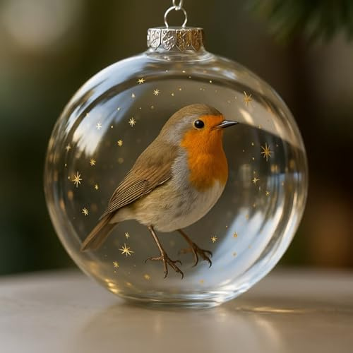 Crystal Glass Ornament Set, Cardinal Bird Glass Christmas Tree Ornaments, Cute Birds Christmas Glass Bauble Collection for Indoor Outdoor Xmas Tree, Holiday Ornaments (Robin)