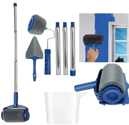 8PCS Paint Runner Pro Roller Brush Set with Handle & Extension Poles | Wall Painting Kit with Flocked Edger, Corner Cutter, Tray & Pour Jug | Reusable DIY Wall Ceiling Paint Roller