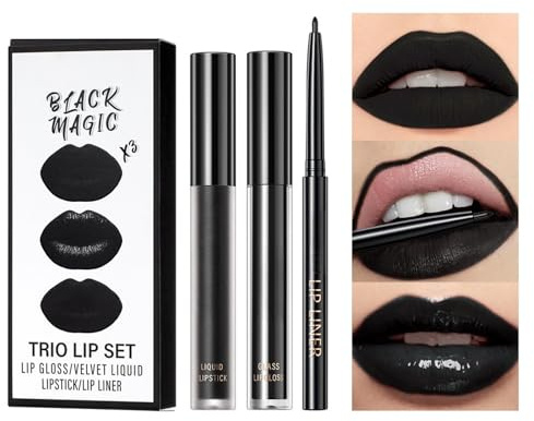 3Pcs Black Matte Liquid Lipstick & Lip Liner Set | Moisturizing Velvet Non-Stick Cup Lip Gloss Waterproof Lip Stain for Party Cosplay Makeup