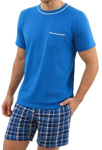 Litherday Pijama Hombre Algodón Verano Manga Corta Conjunto de 2 Piezas con Pantalón Cuadros y Camiseta Cómoda Ropa De Dormir