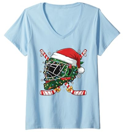 Donna Casco da Hockey su Ghiaccio di Babbo Natale, per Uomini, Ragazzi, Ragazzi e Adolescenti Maglietta con Collo a V