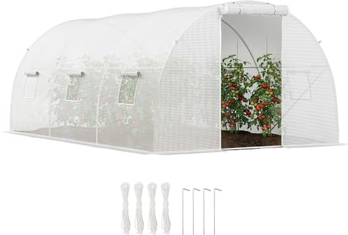 Outsunny Serre de Jardin Tunnel 13,5 m² 4,5L x 3l x 2H m 6 Fenêtres Blanc | Porte Zippée Enroulable, Châssis Tubulaire Acier Galvanisé, Bâche PE Haute Densité