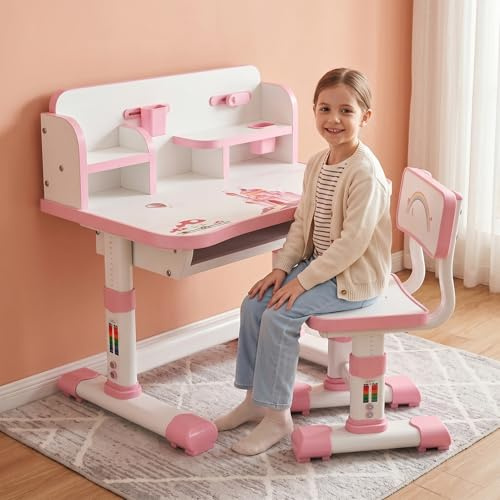 joukares Kids Desk and Chair Set, Height Adjustable Children’s Study Table with Storage Drawer, Widened Desktop, Book Storage, Cartoon Pattern Design for Homework, Reading, Drawing at Home