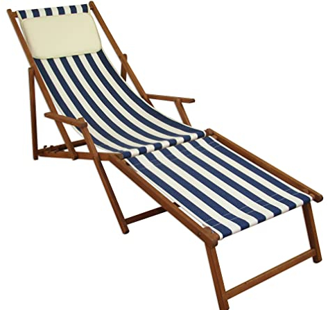 Erst-Holz Liegestuhl Gartenliege blau-weiß Fußablage Kissen Sonnenliege klappbar Deckchair Buche 10-317FKH