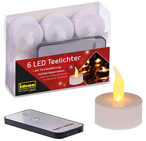 Idena 38204 - Candele da tè a LED, 6 pezzi, candele elettriche con luce tremolante, con telecomando, batterie incluse, decorazione per matrimoni, feste, Natale, Pasqua, come illuminazione d'atmosfera