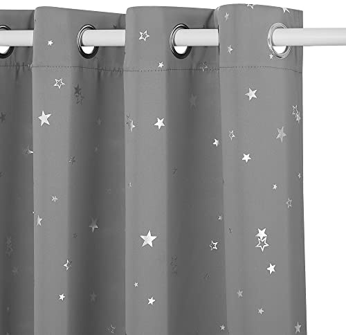 PONY DANCE Star Foil Printed Kids Curtains, Sliver Grey, 66x54 Inch