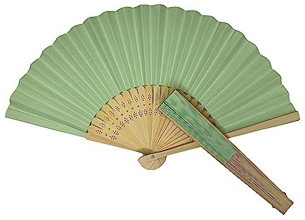 Parev Light Green Paper Foldable Hand Held Bamboo Wooden Fan