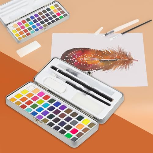 ECD Germany Estuche de Acuerela de 48 Colores en Caja Portátil Maletín de Pinturas para Principiantes y Profesionales Paleta Completa Incluye Pincel, Lápiz 2B Acuarelable, Goma de Borrar y Esponja