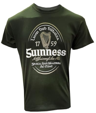 Guinness Traditional Craft Label Irlandais T-Shirt Vert Foncé avec Harpe Irlandaise 100% Recyclé, XL