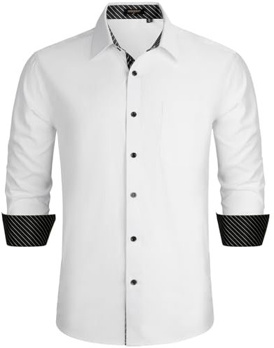 HISDERN Mens Dress Shirts White Long Sleeve Formal Shirts Regular Fit Shirt for Men Business Button Casual Slim Shirt L