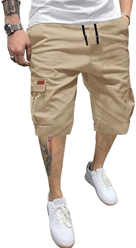YAOHUOLE Bermuda Uomo Cotone 100% Pantaloncini Estivi Vita Elastico con Coulisse Shorts Casual con Tasche Khaki M