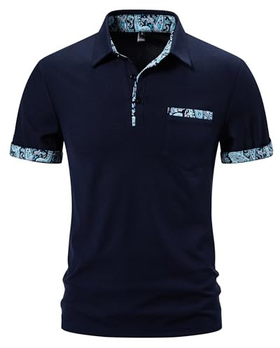 Mens Short Sleeve Polo Shirts Casual Classic Summer Button Slim Fit Contrasting Colors Breathable Basic with Pocket Golf Tennis Work T-Shirt Tops-008-Dark Blue-XXL