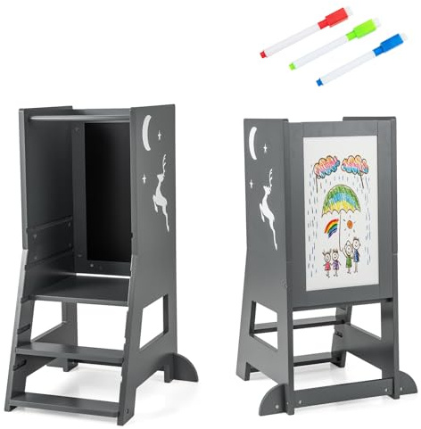 LIFEZEAL Torre di osservazione per bambini in legno, 3 altezze regolabili, traversa di sicurezza, torre di apprendimento Montessori, lavagna double face, 3 penne, gradino 37 x 50 x 87 cm, carico 70 kg