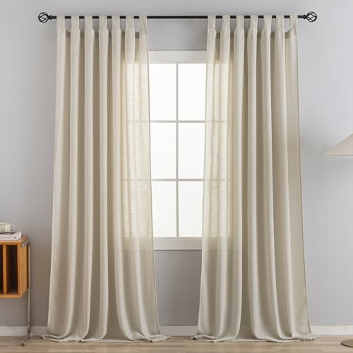 VOILYBIRD Natural Linen Semi Sheer Curtains Tab Top Light Filtering Elegant Curtains & Drapes for Bedroom 52 x 63 Inch Length, 2 Panels, Linen Beige
