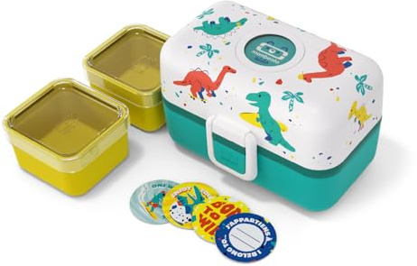 monbento - Lunch Box Enfant MB Tresor bleu Dino - La Boite Repas 3 Compartiments pour Enfant - Idéal pour Repas & Goûter Ecole/Pique-nique - Sans BPA - Personnalisable et Sûre - Bleu Motif Dinosaures