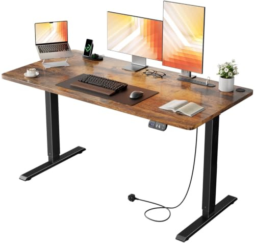 Precision Synergie Electric Standing Desk, Power Outlets, 2 Memory Buttons | 140 x 60 cm Home Office Desk, Height Adjustable Sit Stand Table, 72-117 cm, Equipped with 3 USB Ports & Cable Hole, Brown