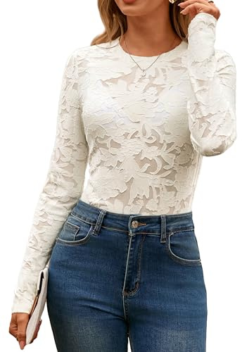 Glamaker Womens Mesh Long Sleeve Tops Lace See Through Sexy Crew Neck Eyelet Shirts Party Floral Club Dressy Blouse(Light Apricot,Medium)