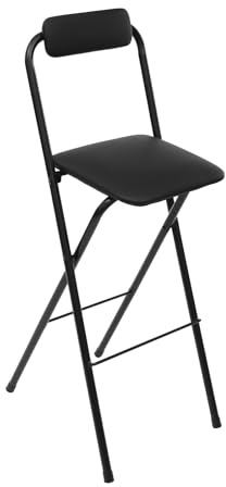 Etrhdfyts Barstol, hopfällbar 75 cm sitthöjd, ståpall, svart, barstol av stål med ryggstöd, fotstöd, PU-sits med svamp, sittdyna, barstolar, diskstol, trädgårdsstol