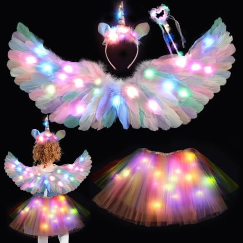 KUWUNG Costume de fée lumineux pour enfant, costume de licorne lumineux pour enfant avec ailes à plumes, jupe tutu LED, baguette magique, bandeau licorne, costume pour Halloween, Noël, fête de