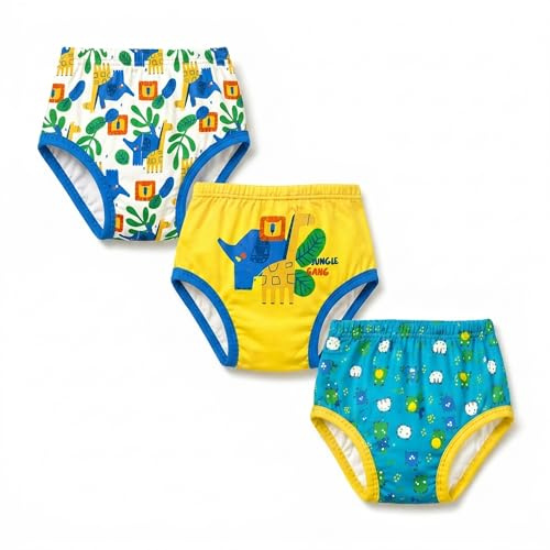 Ellepi Lärande trosor 3-pack, träningsunderbyxor barn av 100 % bomull, absorberande vattentät användning, potträning, blöjavvänjning för pojkar och flickor (Jungle 2a)