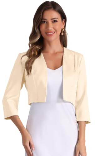 Allegra K Women Office Satin Cropped 3/4 Sleeve Open Front Bolero Cardigan | Lightweight satin design. Versatile for daily wear. Perfect for office, wedding. Cropped 3/4 sleeves