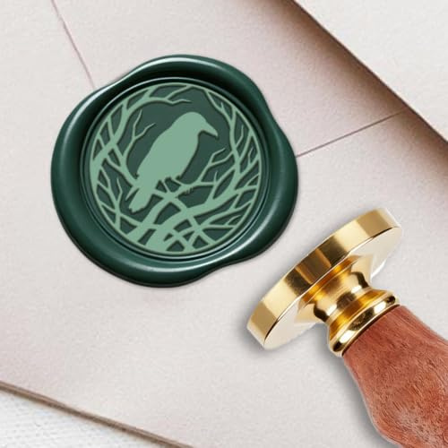 PRESSINART Tampon de Cire de Corbeau 0.98 Pouce en Laiton avec Motif de Corbeau Tête en Laiton Amovible avec Poignée en Bois pour Carte D'Invitation de Mariage d'anniversaire Enveloppe de Fête