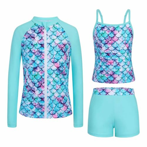 Generisch Maillot de bain pour fille avec haut fluide, pantalon imprimé, vêtement de plage trois pièces pour la natation, le plaisir en plein air, protection UPF 50+, idéal pour le printemps, bleu, 9