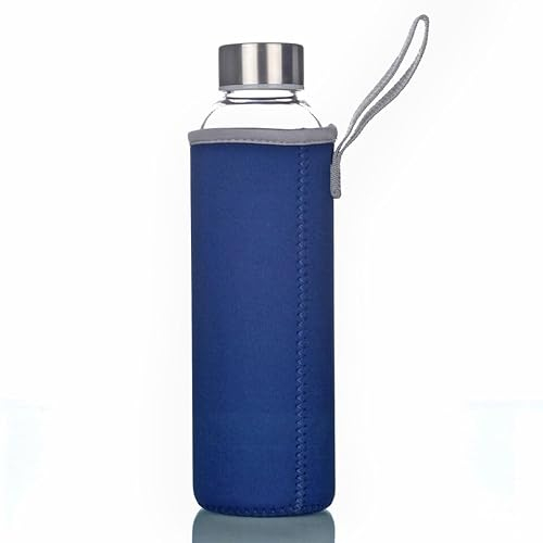 Trinkflasche aus Glas, Sportflasche to-go Glastrinkflasche (550 ml, Blau), Borosilikatglas, Wasserflasche Fahrradflasche Glasflasche Getränkeflasche und Deckel aus Edelstahl