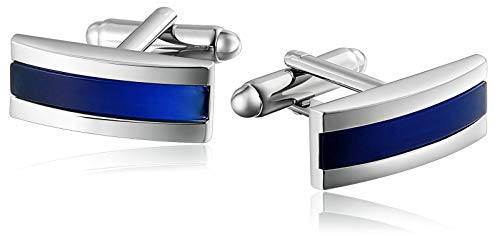 AMDXD Herren Manschettenknöpfe, Edelstahl DREI Streifen Form Manschetten Knöpfe Silber Blau, Hochzeit Festival Geburtstag Geschenk mit Box