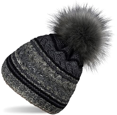 styleBREAKER Cappello a Pompon da Donna con Motivi Colorati e Fodera in Pile, Cappello a Pompon Invernale in Pelliccia, Cappello a Maglia 04024202, Nero-Grigio Scuro