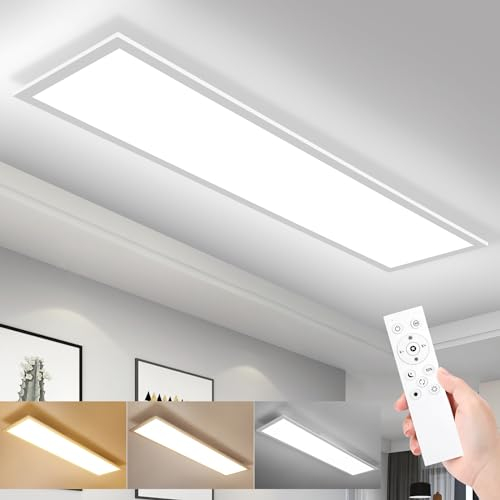 IEGLED Led Deckenleuchte Panel, 100x25cm Deckenlampe Flach Dimmbar mit Fernbedienung, 30W Deckenpanel Lampe mit Memory Funktion, 2700K-6500K LED Lichtpanel für Wohnzimmer, Flur, Schlafzimmer, Weiß