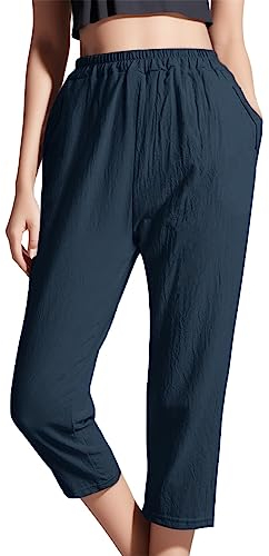 LOIJMK Damen Einfarbige, elastische Taille, Nähte, gerade, hohe Taille, verkürzte Freizeithose Snowboard Protektoren Hose Damen (Navy, L)