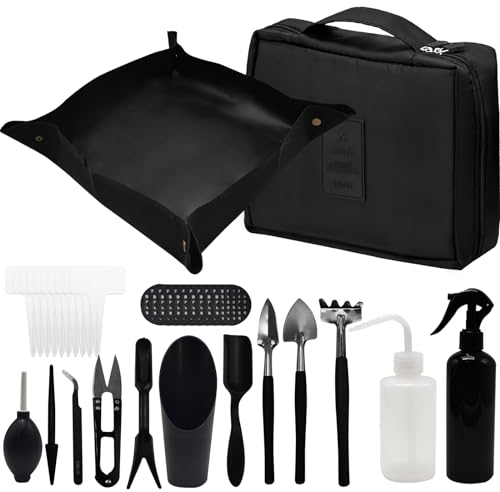 JNUYISW Gartenwerkzeug Set, 17 Stück Mini Pflanzen Werkzeug Set mit Faltbarer Gartenmatte Pflanzmatte Sukkulenten-Werkzeuge Bonsai Werkzeug Set mit Aufbewahrungstasche für Innenbereich Außenbereich