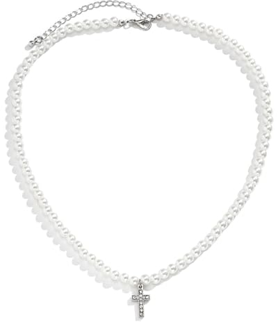 Silber-Halskette mit Kreuz-Anhänger - Faux Perlenkette für Herren, Weiße Halskette für Geburtstag oder Jahrestag